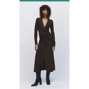 Zara Wool Dress Ruched Sleeve Cross Front Midi S